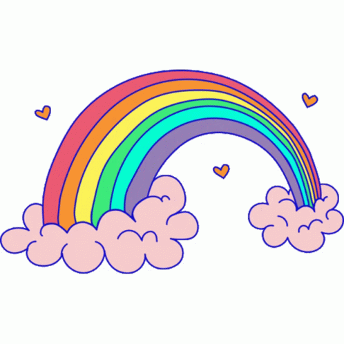 A cartoon rainbow arching over two clouds